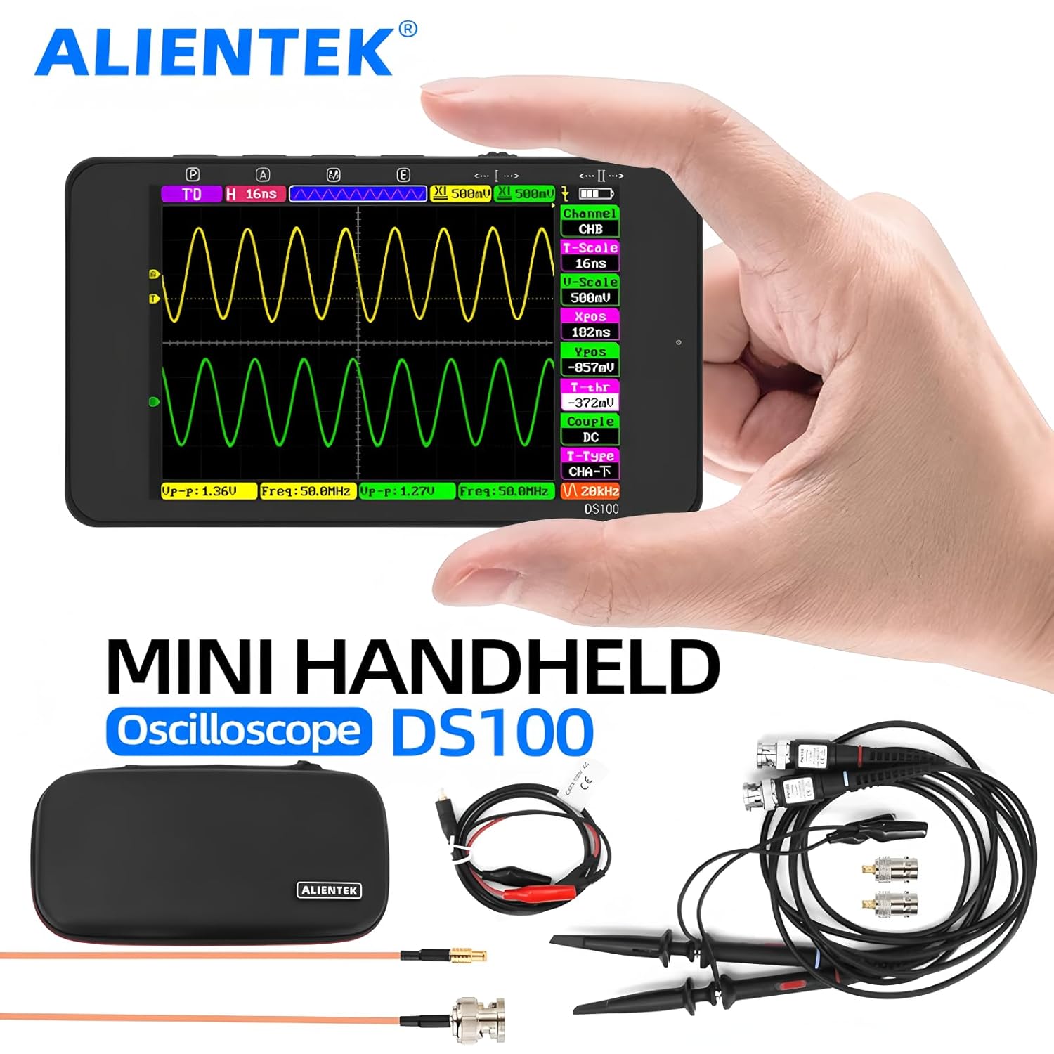 DS100 Mini Digital Handheld Oscilloscope 50MHz Bandwidth Dual Channels Multifunction Electronic Component Tester Tools(DS100 KitIV)