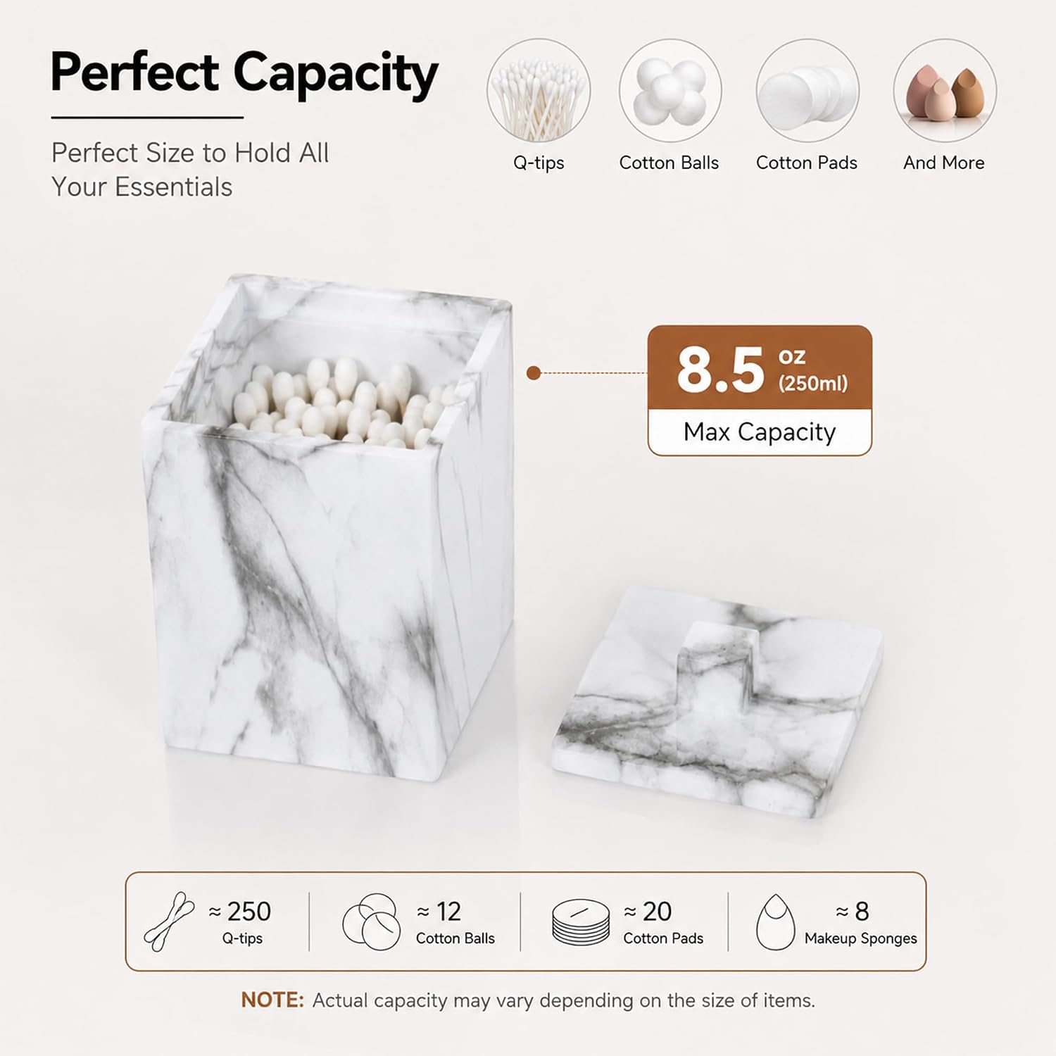 2-Pack Marble Pattern Cotton Swab Holders with Lids, Resin Bathroom Vanity Storage Jars, Square Qtip Containers for Cotton Balls, Pads, and More (White)