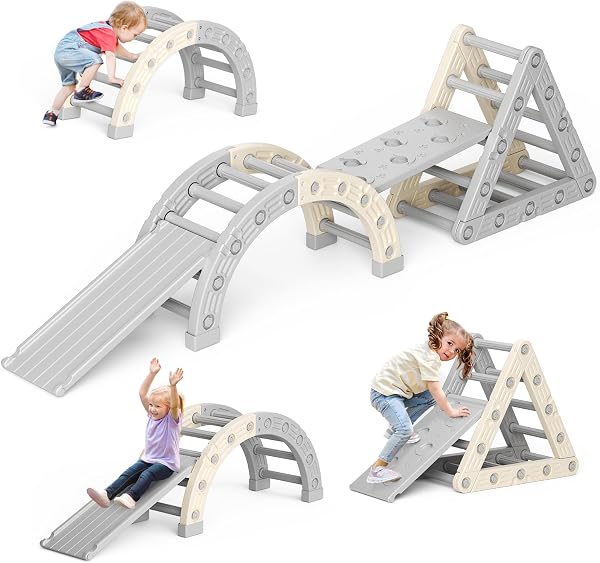 Parcours motricité bébé,Montessori Triangle d'escalade, Cadre d'escalade avec échelle Triangulaire, échelle en Arc et 2 Planches d'escalade, connexions renforcées 50 kg 1 à 6 Ans - 1