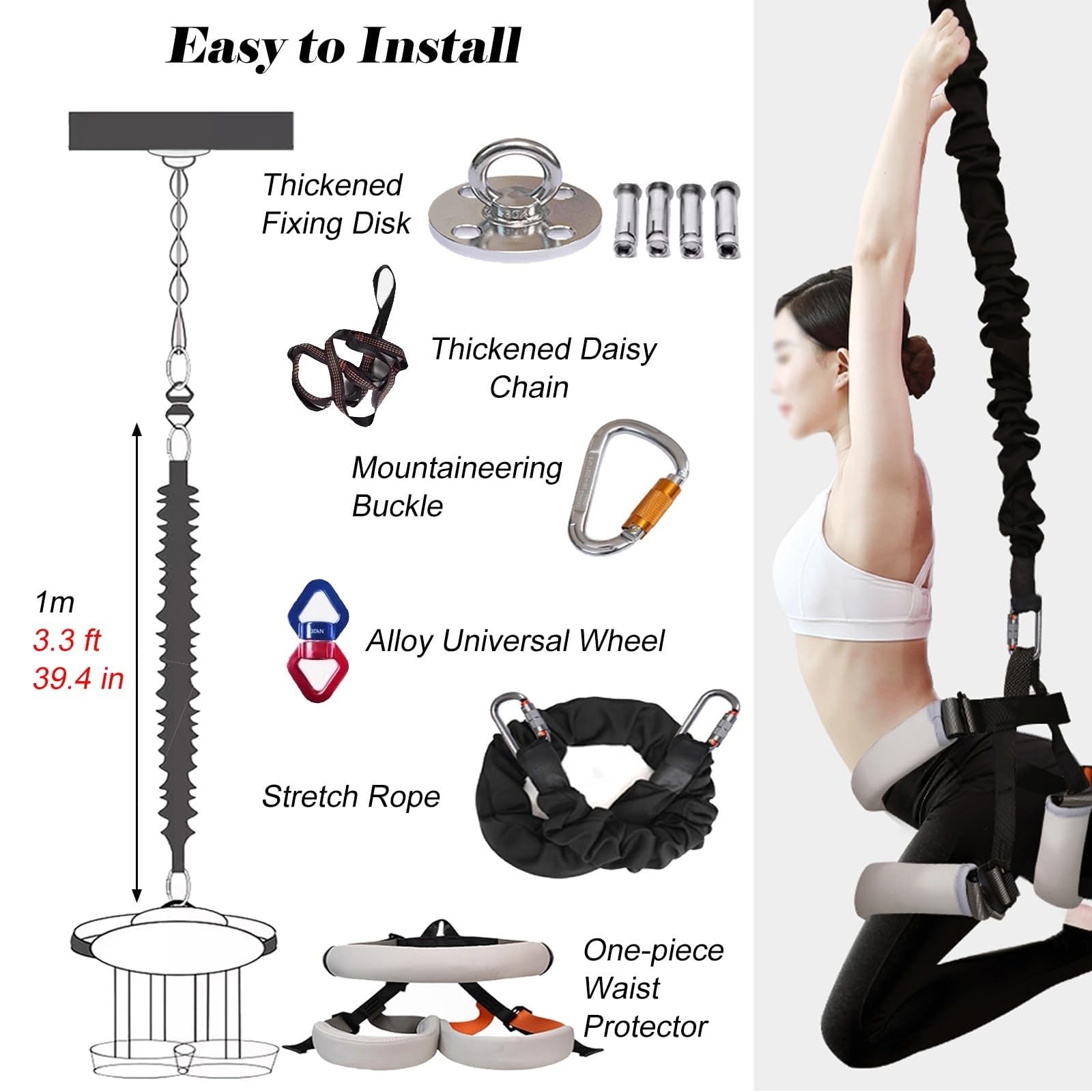 Zestaw do ćwiczeń z gumą bungee, lina oporowa bungee o wysokiej wytrzymałości, trenażer podwieszany z obrotem 360°, narzędzie do treningu fitness w domu, do jogi, pilatesu i ćwiczeń