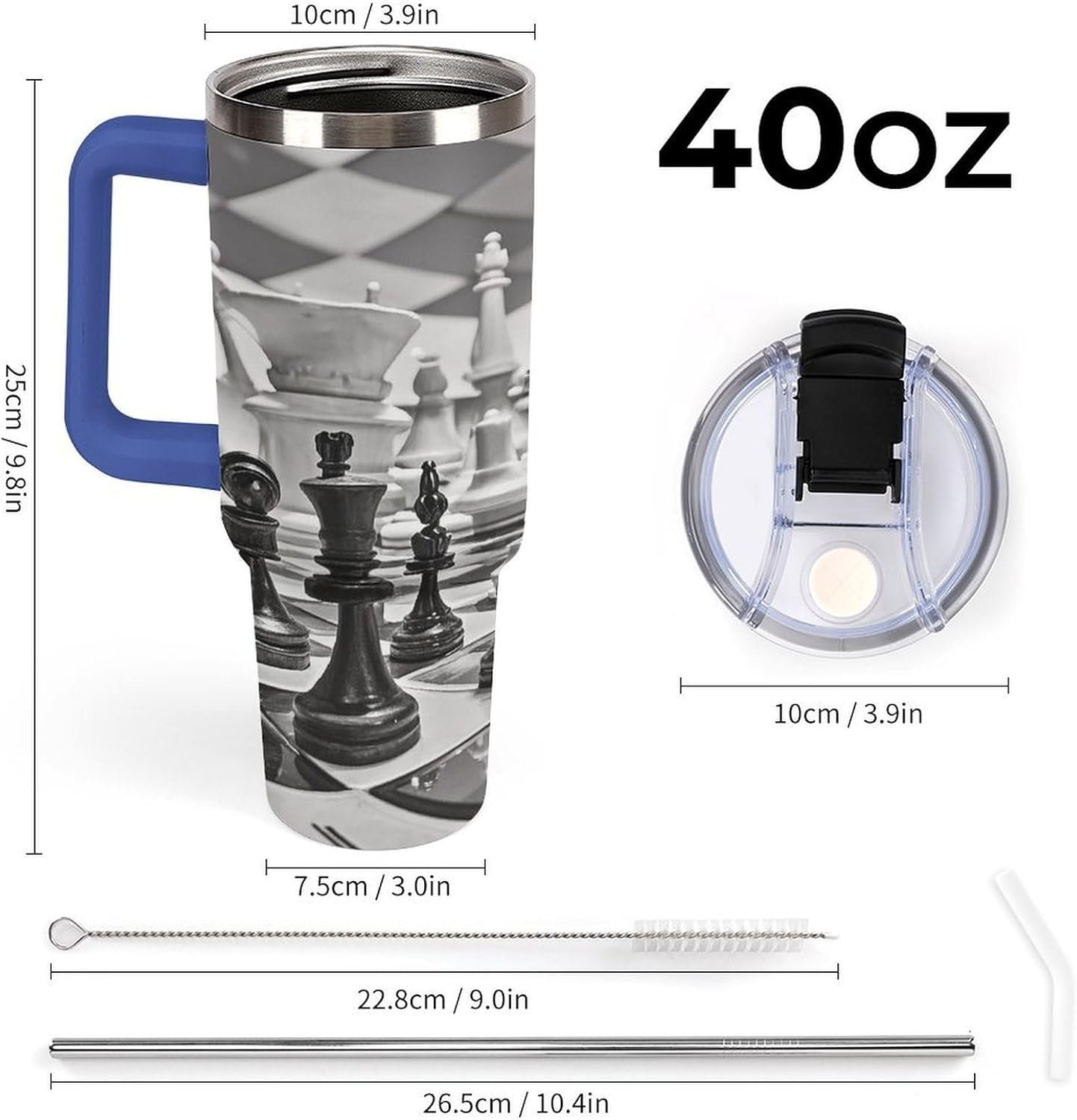 Black And White Chess Tumbler 40 Oz with Handle&Lid Large Car Cup Stainless Steel Vacuum Travel Mug Insulated Water Bottle Leak-proof Portable Coffee Cup for Home Car Outdoor