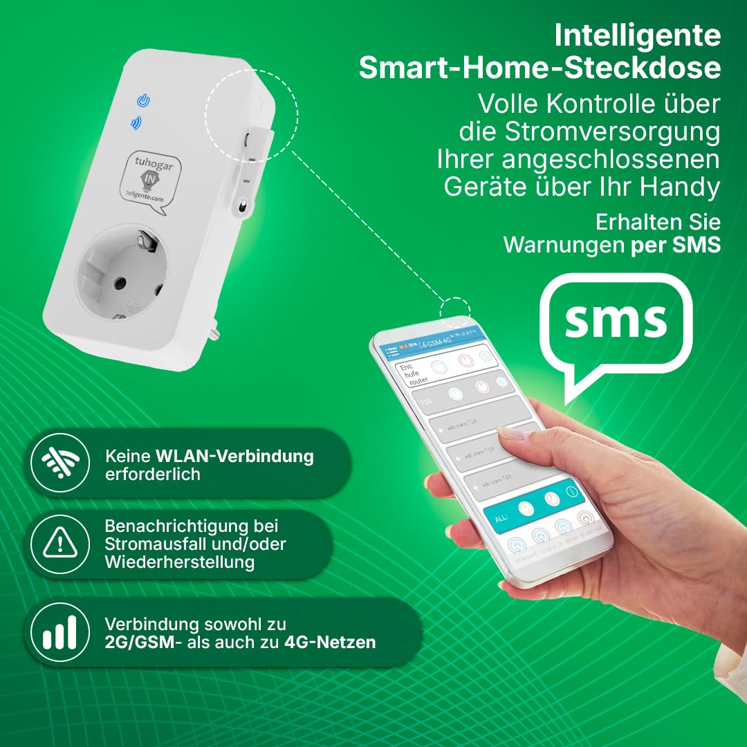 Intelligente Steckdose ohne Internet/WLAN | Benötigt GSM/4G-SIM-Karte | Mit Temperatursensor und Fernsteuerung per SMS, Anruf oder APP | Sofortige Benachrichtigung bei Stromausfall