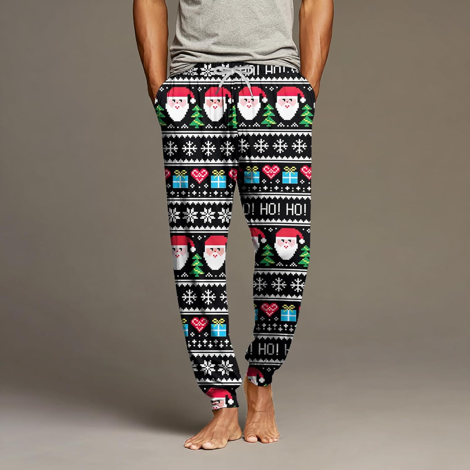 DuDubaby Christmas Pajamas for Adults Men's Jogger Pants Ugly Pajamas Strings Winter Pant Holiday Pj Sweatpants Lounging