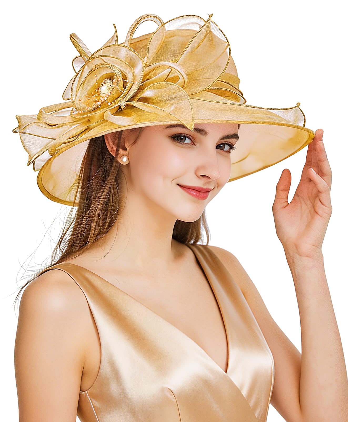 Z&X Organza Church Fascinator Kentucky Derby Hats for Women Flower Wedding Tea Party Hat Wide Brim Sun Hat Khaki