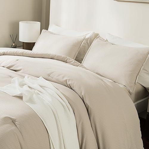 Miniatura 2 de Andency Juego de edredón de 3 piezas de color caqui, tamaño matrimonial, juego de edredón de punto gofre para todas las estaciones, juego de edredón