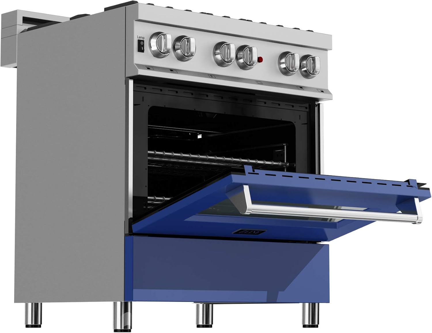 ZLINE 30 in. 4.0 cu. ft. Legacy Dual Fuel Range with 4 Burner Gas Cooktop and Electric Convection Oven in Satin Stainless Steel and Blue Matte Door (RAS-BM-30)