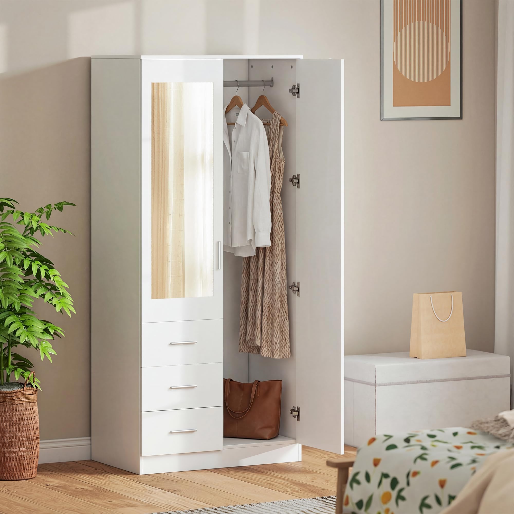 HOMCOM Armadio Moderno Guardaroba 2 Ante con Specchio 80x50x180cm Bianco | 3 Cassetti, Mensole Regolabili, Barra Appendiabiti