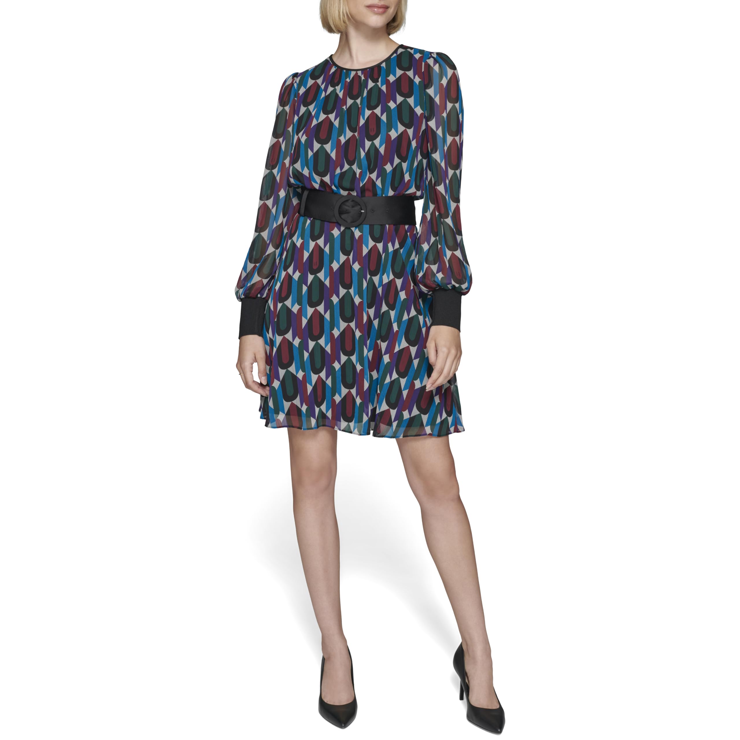 KARL LAGERFELD Women's Crinkle Chiffon Illusion Sleeves Round Neck a Line Dress