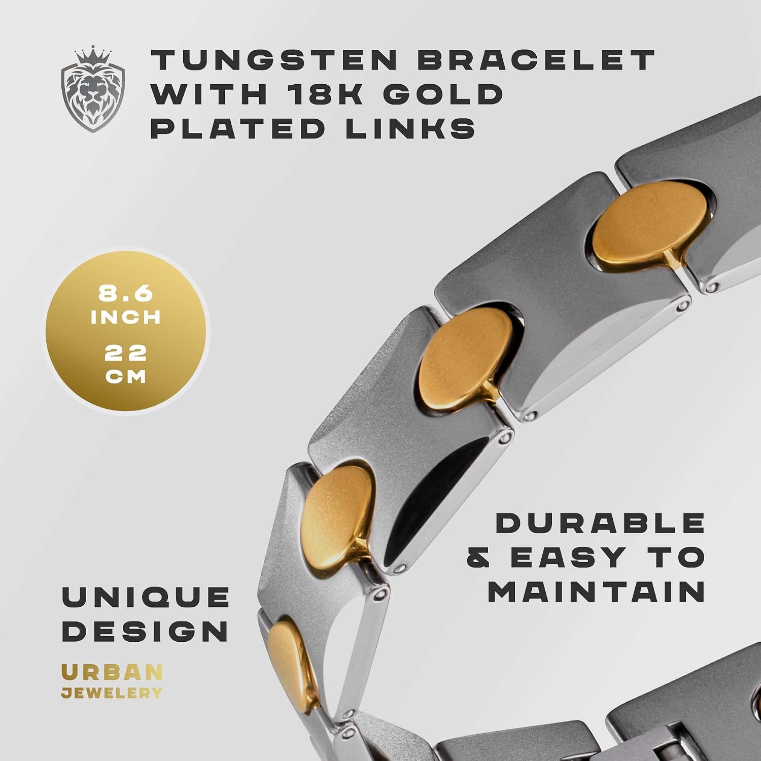 Urban Jewelry Stunning Men's 18K Gold Plated Link Chain Bracelet with Solid Heavy Wheat Tungsten Carbide (8.5 Inch) Comes with Gift Box
