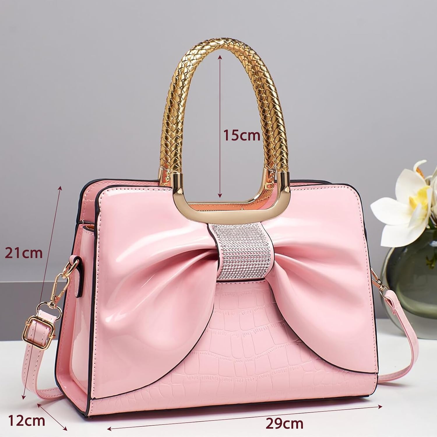 Patent Leather Top Handle Bags Bow Satchel Purses with Adjustable Strap Fashion Shiny Shoulder Bag for Women