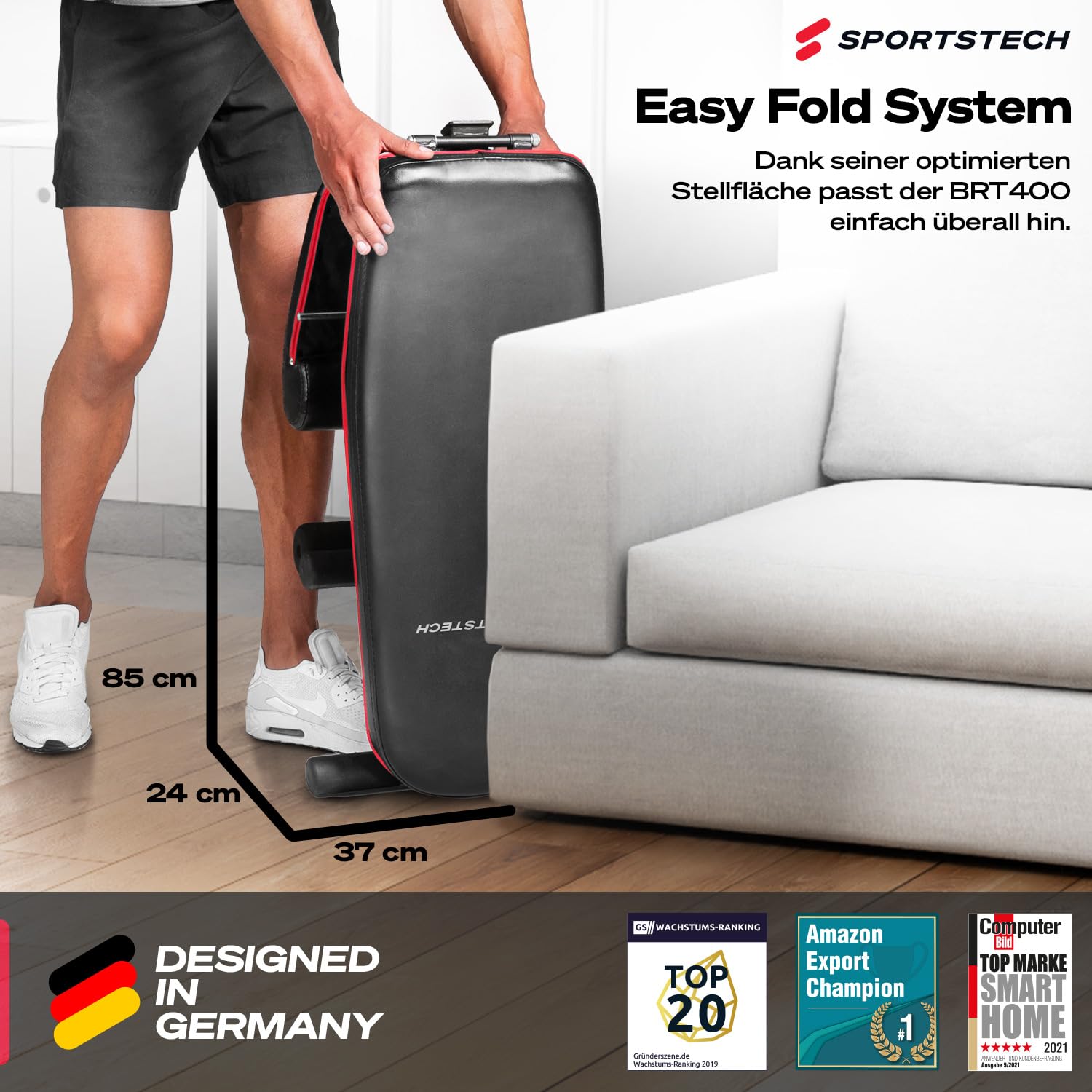 Sportstech Hantelbank – Faltbar, Hochwertig, Verstellbar, Schräg & Flach, 180 kg Belastbar – Fitnessgeräte für Zuhause, Bauchtrainer für Zuhause & Mehr als 40 Kombinationen | BRT400