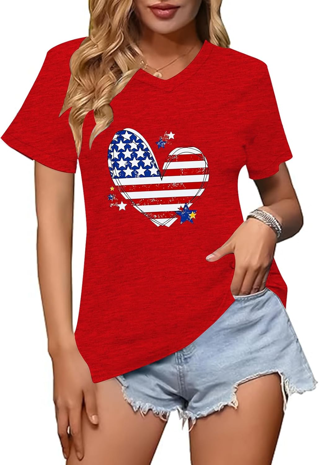 USA Shirts for Women 4th of July V Neck T Shirt Patriot Graphic Tee Casual Short Sleeve Tops - Image 3
