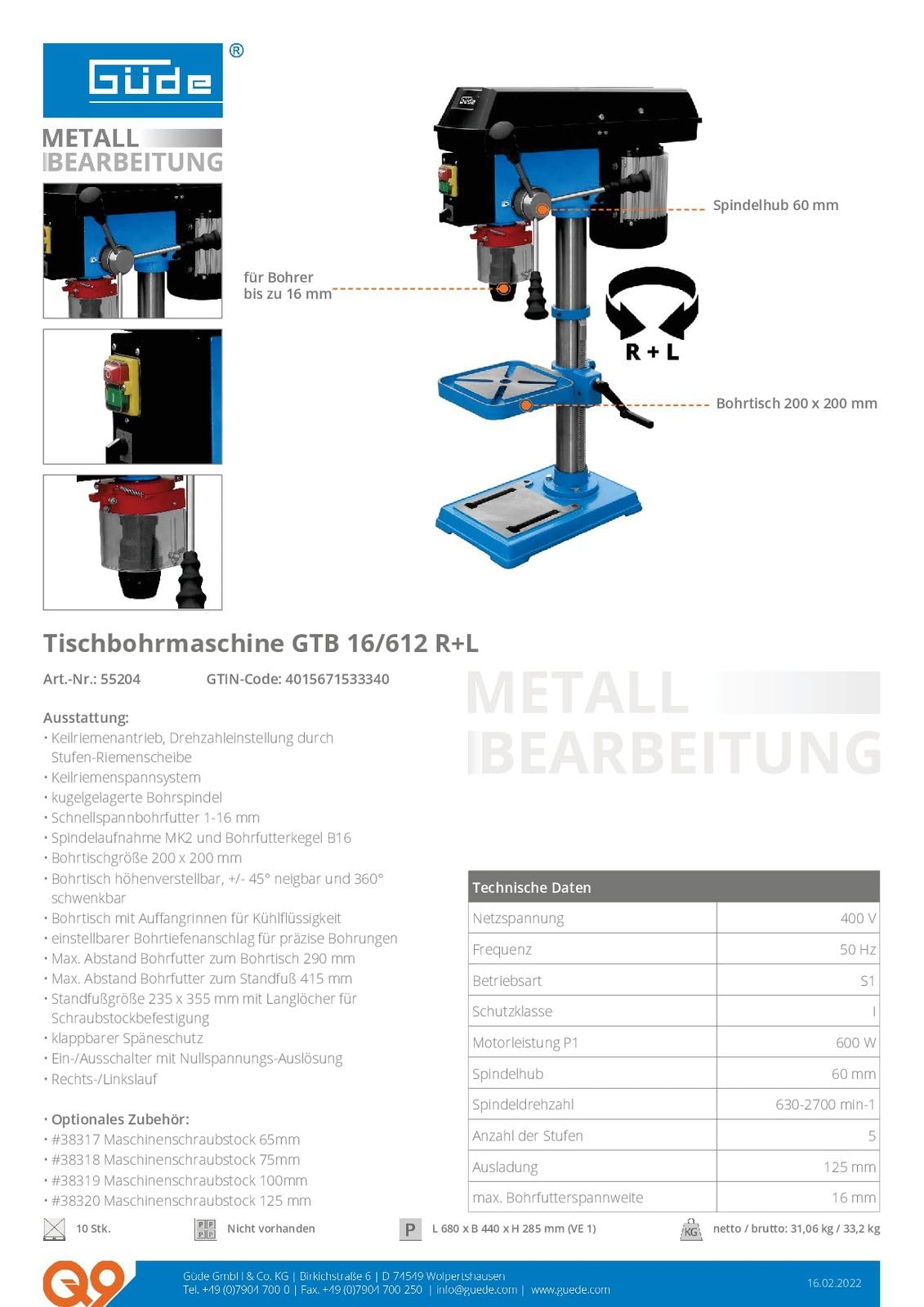 Taladradora de mesa GTB 16/612 I + D
