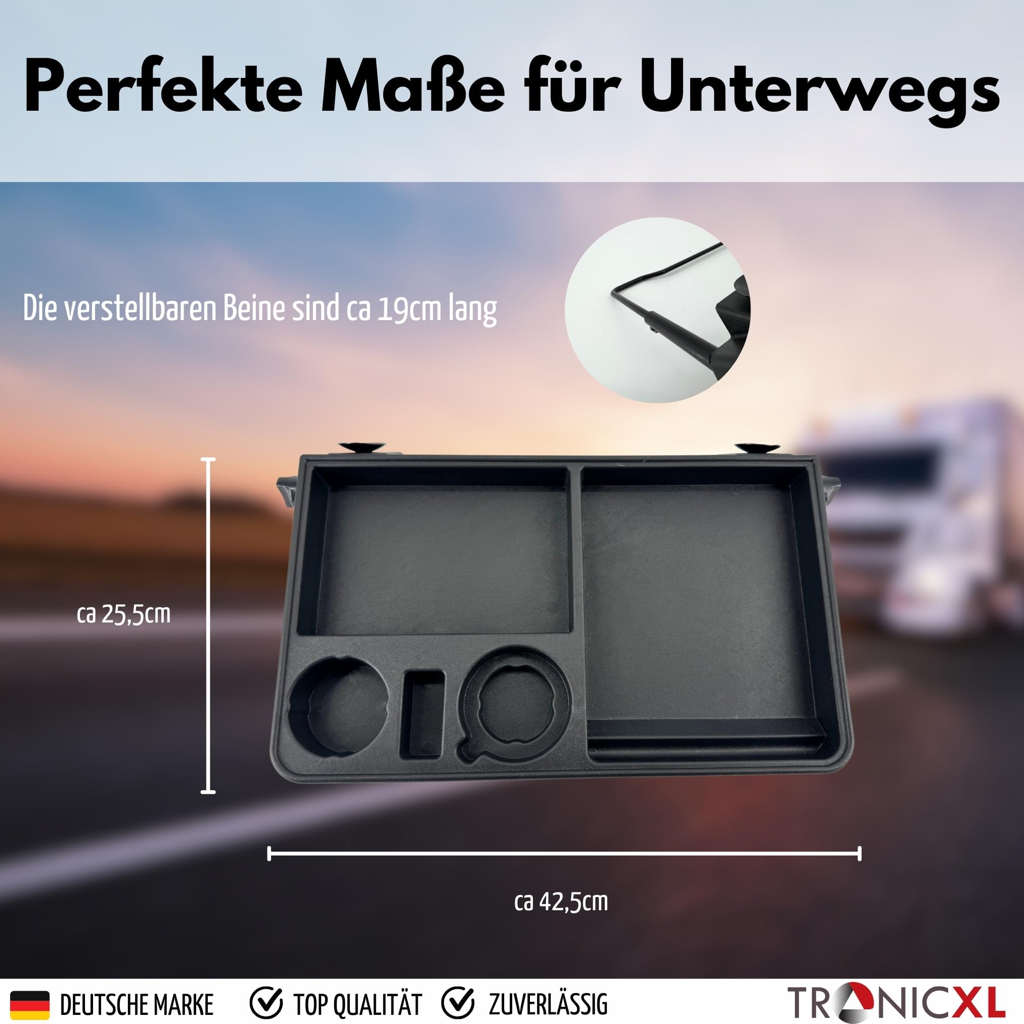 TronicXL Mesa para camión, caravana, camionero, interior, minivan, bandeja de almacenamiento, soporte para bebidas, soporte para bebidas
