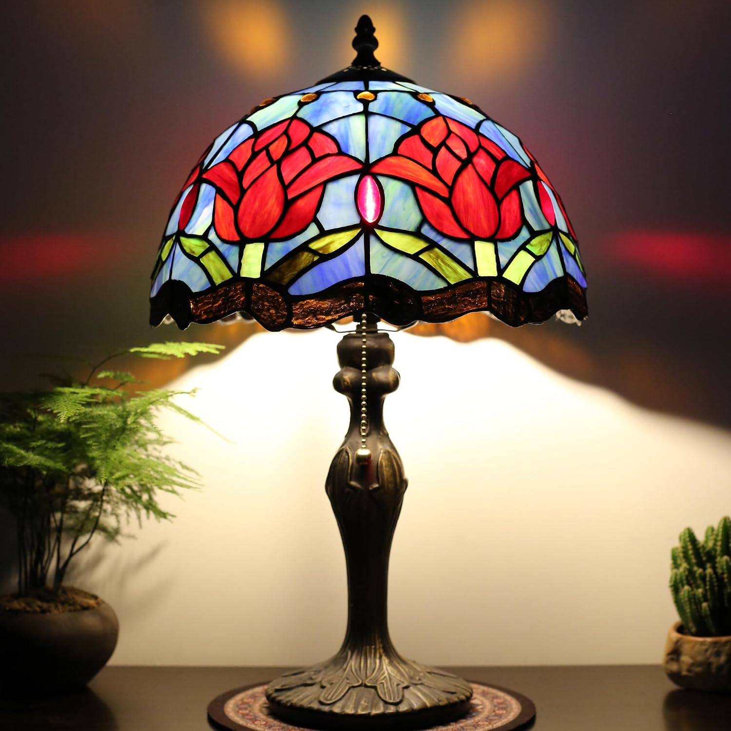 Tiffany Lamp Stained Glass Table Lamp 12” x 19” Red Tulips Style Bedside Reading Lamp Decorative Lamp for Desk Living Room Bedroom Office Study Light Home Decor Gift