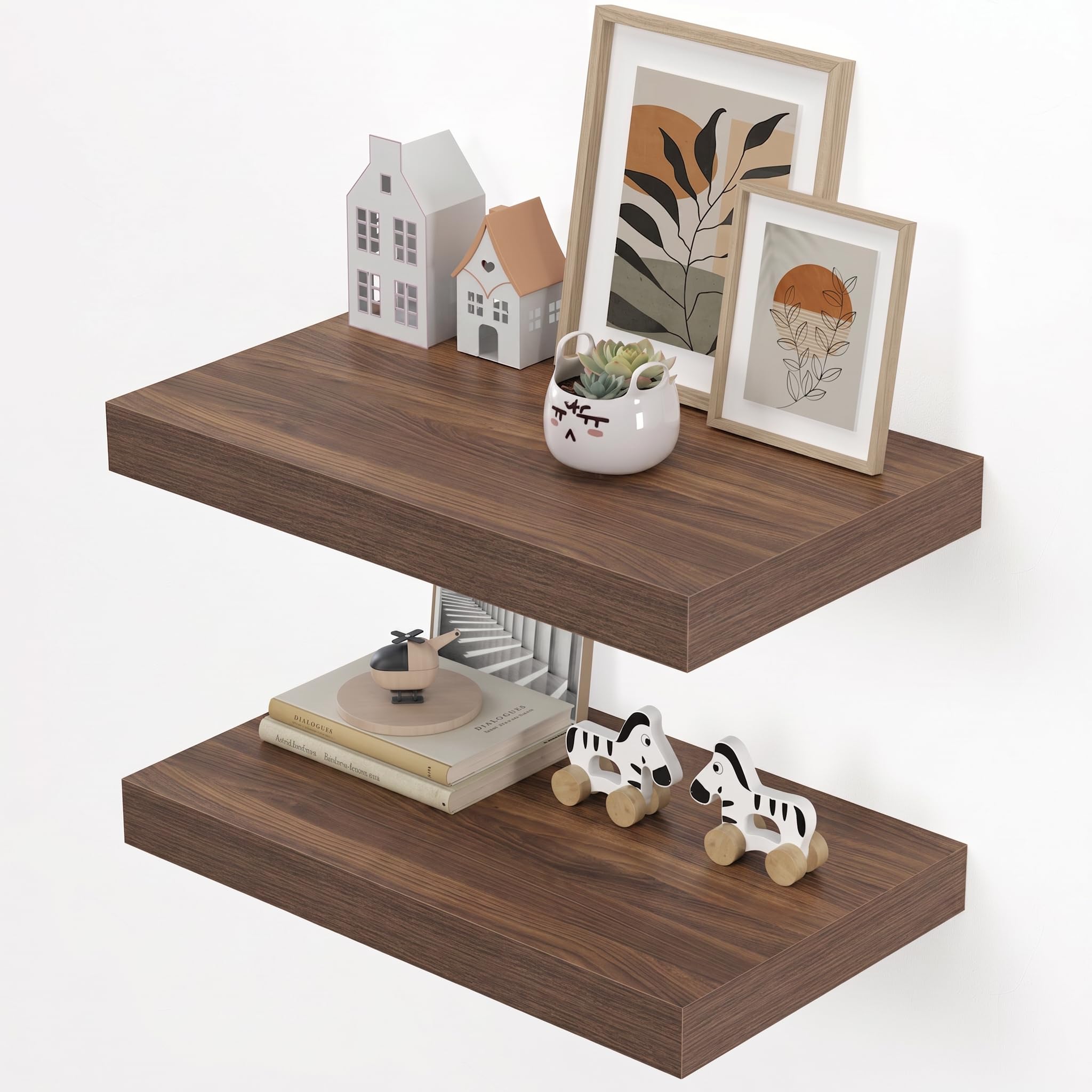 Dreamland 20" Floating Shelves for Wall,12" Deep Thicker Floating Shelves,Wall-Mounted Shelves for Bedroom,Living Room,Kitchen,Bathroom,Walnut - Set of 2