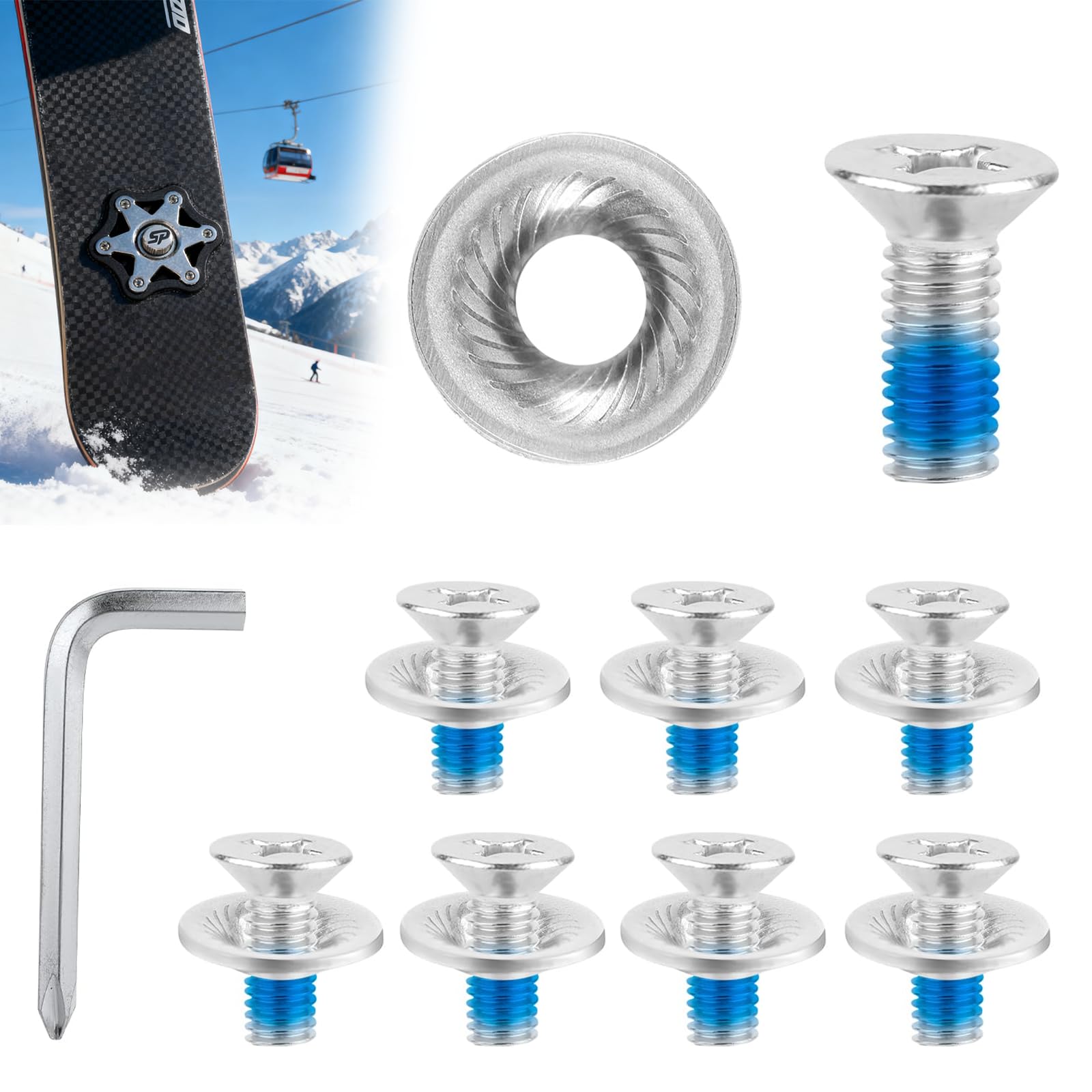 Set di 8 viti per attacchi snowboard, viti di fissaggio M6 in acciaio inossidabile con rondelle antiscivolo, viti per attacchi snowboard con cacciavite per ricambi snowboard sportivo
