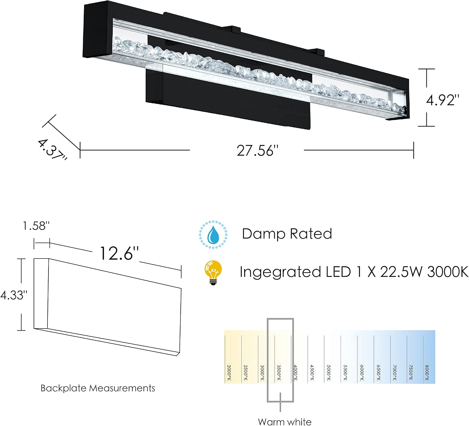 EGLO Cardito 27" Modern Crystal Glass Vanity Lighting Damp Certificated Wall Sconce Bathroom Dimmable LED Mirror Lighting Fixture, Matte Black
