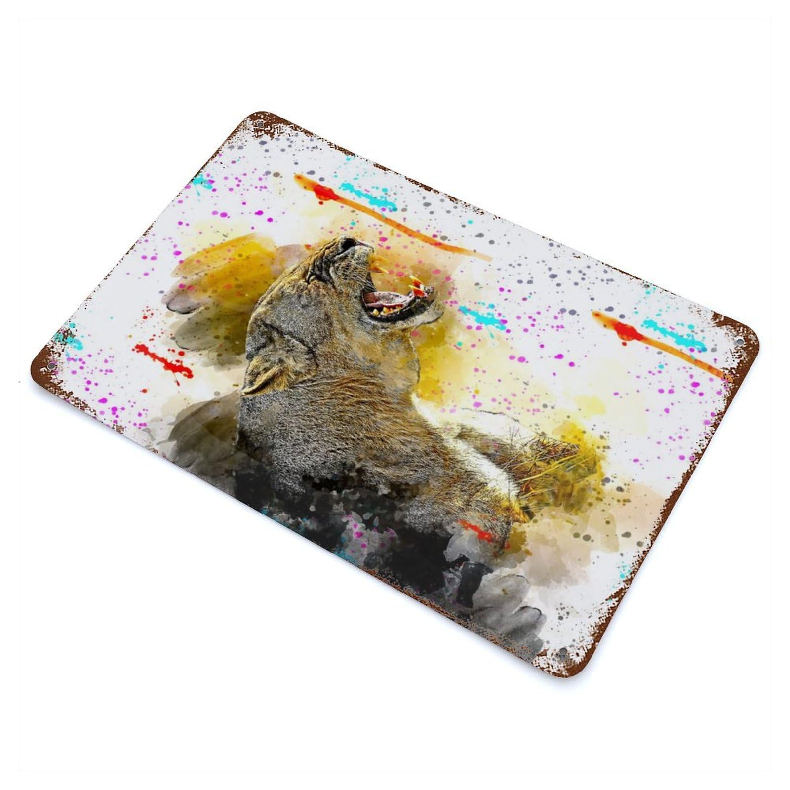 Weathered Tin Sign with Angry Lioness Design 11.8"x7.9", for Basement, Hobby Room And Garage Decor, Industrial Home Decor
