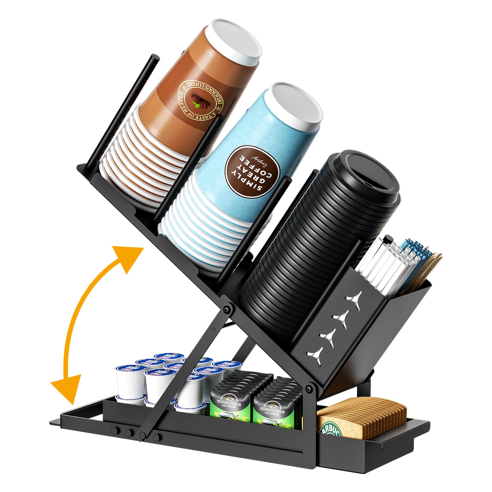 ZDDLOINP Cup and Lid Holder with Straw Organizer Coffee Station Organizer, Metal Cup Dispenser 5 Compartment Coffee Cup Holder for Coffee Bar Accessories, Disposable Paper Cups, Plastic Cups, Lids