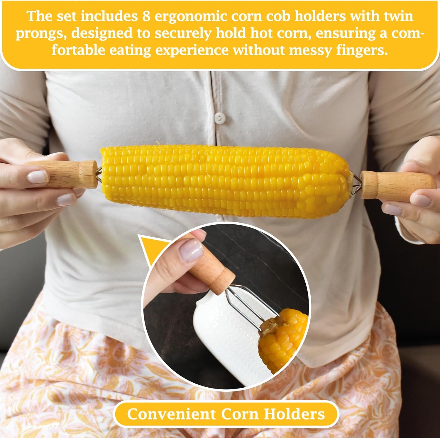 Artcome Ceramic Corn Dishes Set with 8 Wooden Corn Cob Holders - 4-Pack Corn Plates with Embossed Corn Design, Durable & Dishwasher Safe Dish Set for BBQ, Picnics, and Family Meals
