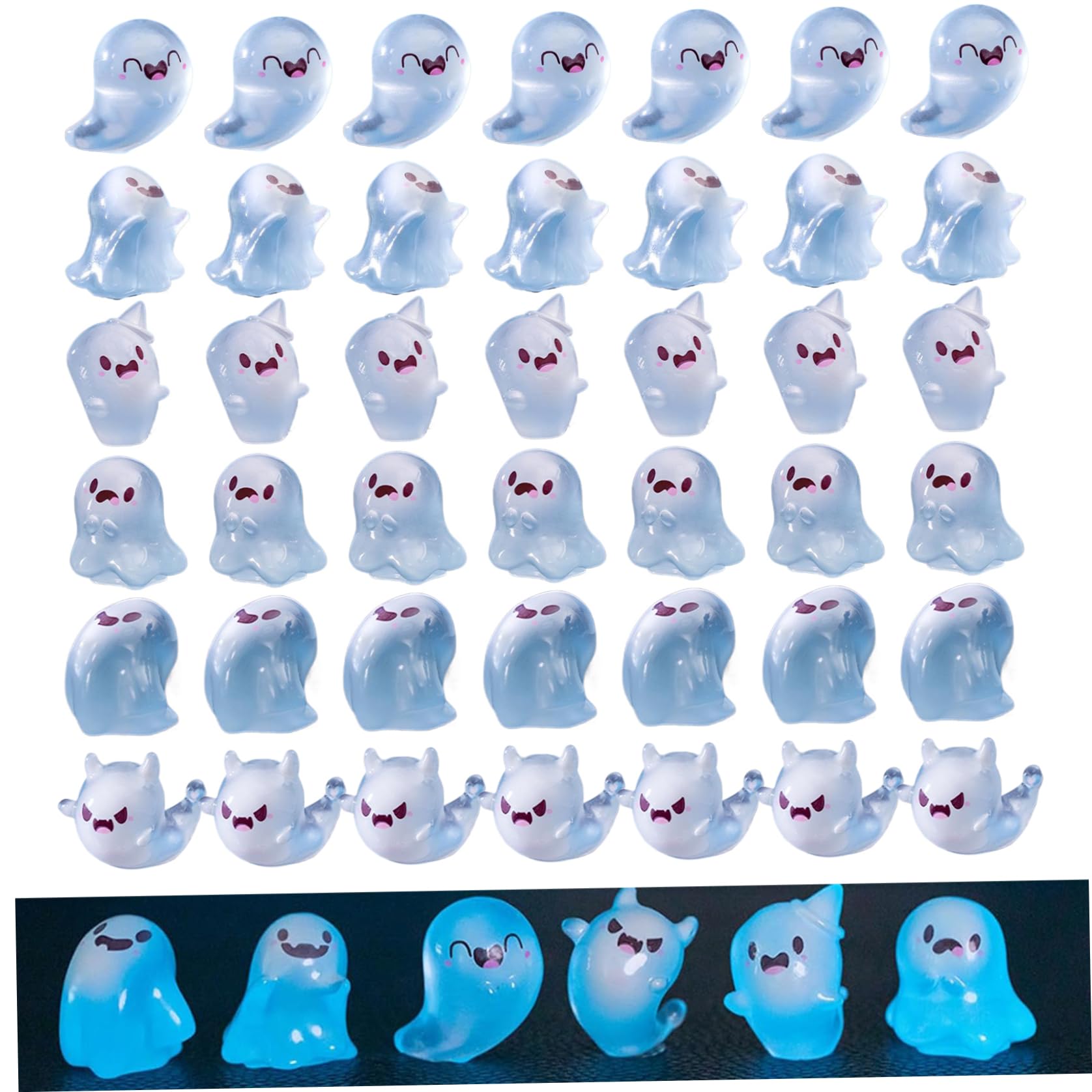 Wedhapy Halloween Miniatures 30 PCS Ghost Figurine Set Cute Mini Resin Figures with Luminous Glow Halloween Miniatures with 6 Unique Design for Indoor Decoration