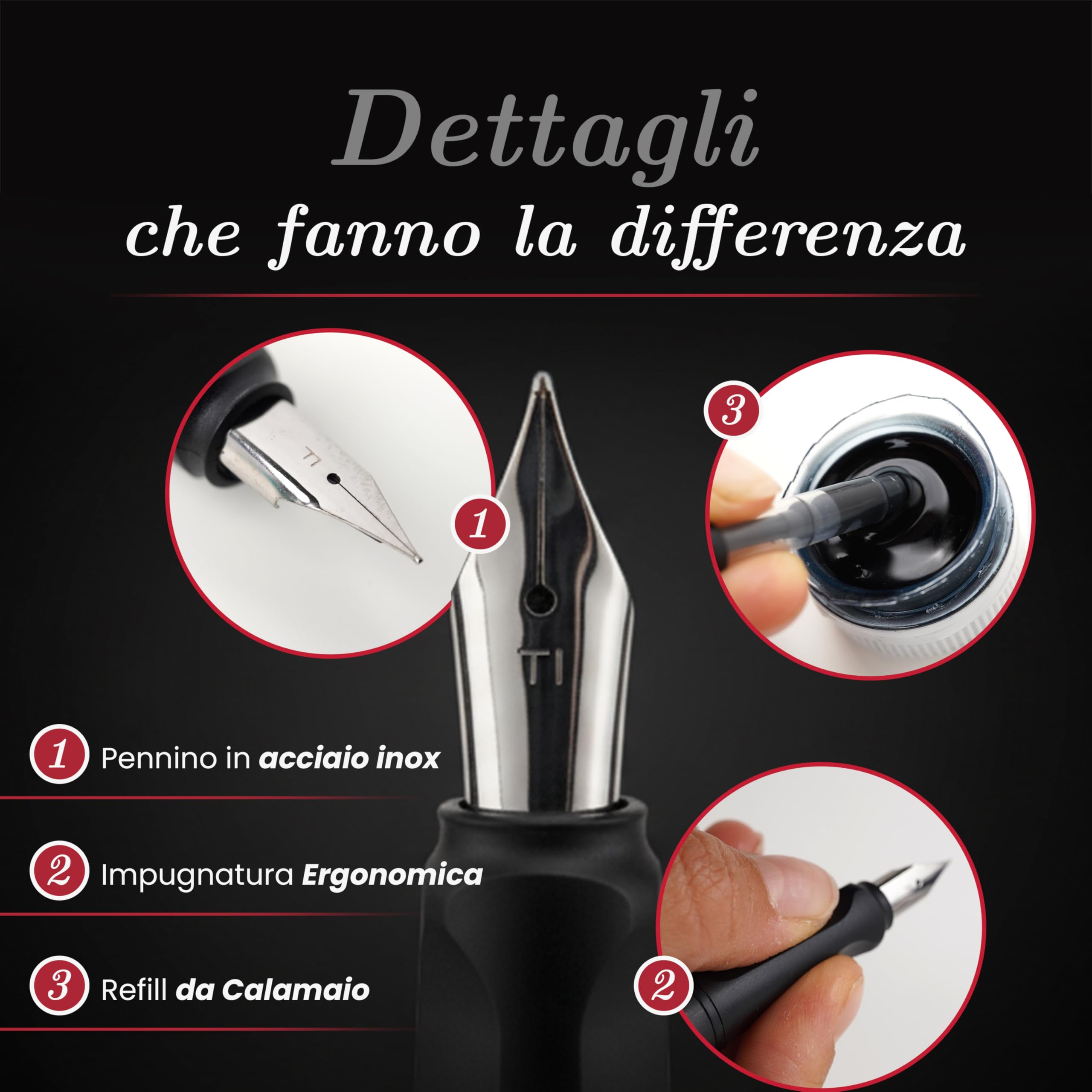 Penna Stilografica Elegante con Pennino in Acciaio Inox, Ricaricabile con 5 Cartucce Incluse