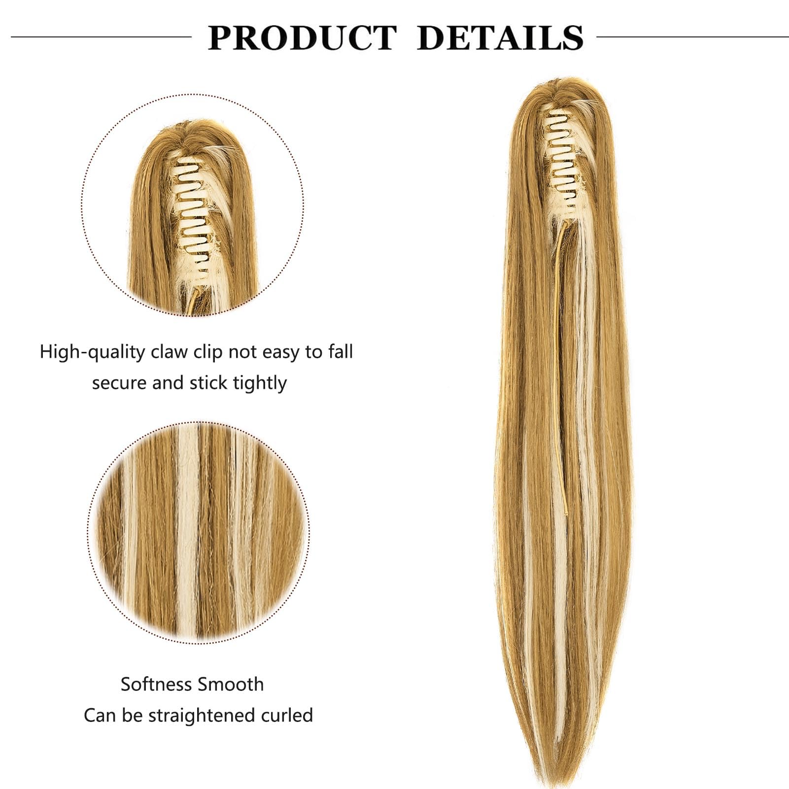 Cybelleza 20inch Ponytail Hair Extensions Straight Ponytail Claw Jaw on Long Straight Pony Tails Clip in Hair Extensions Synthetic Hair pieces for Women Dark Blonde & Bleach Blonde - Image 2