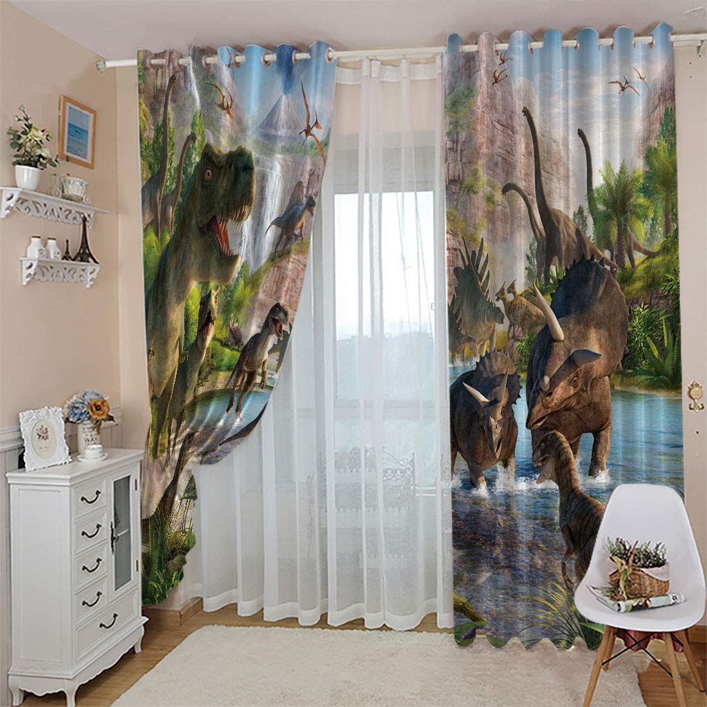 3D Dinosaures Animaux Rideau Occultant À Oeillets, 234x230 Cm Lot De 2 Décoration Rideaux Isolant Thermique Anti Froid Et Chaleur 100%, Chambre Fenetre Et Salon, pour Maison
