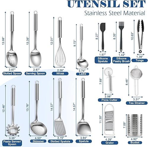 Miniatura 2 de BEWOS Juego de utensilios de cocina de 15 piezas, juego de utensilios de cocina de acero inoxidable, juego de herramientas de cocina con espátula y