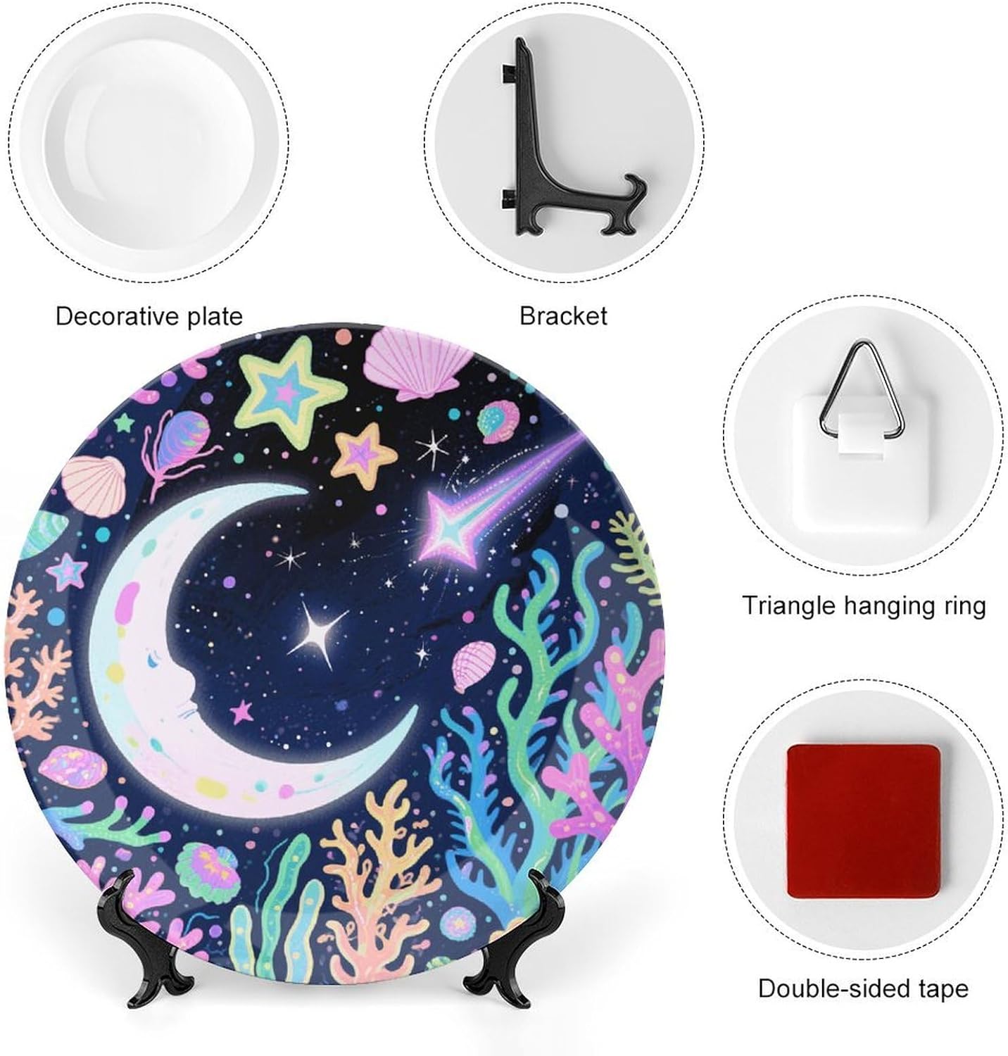 Star Ocean Pattern Ceramic Plate 10inch Decorative Bone China Wall Hanging Ornament Plates Bohemian Style Dinner Plate with Display Stand Cabinet Display Plates for Home Art Decor
