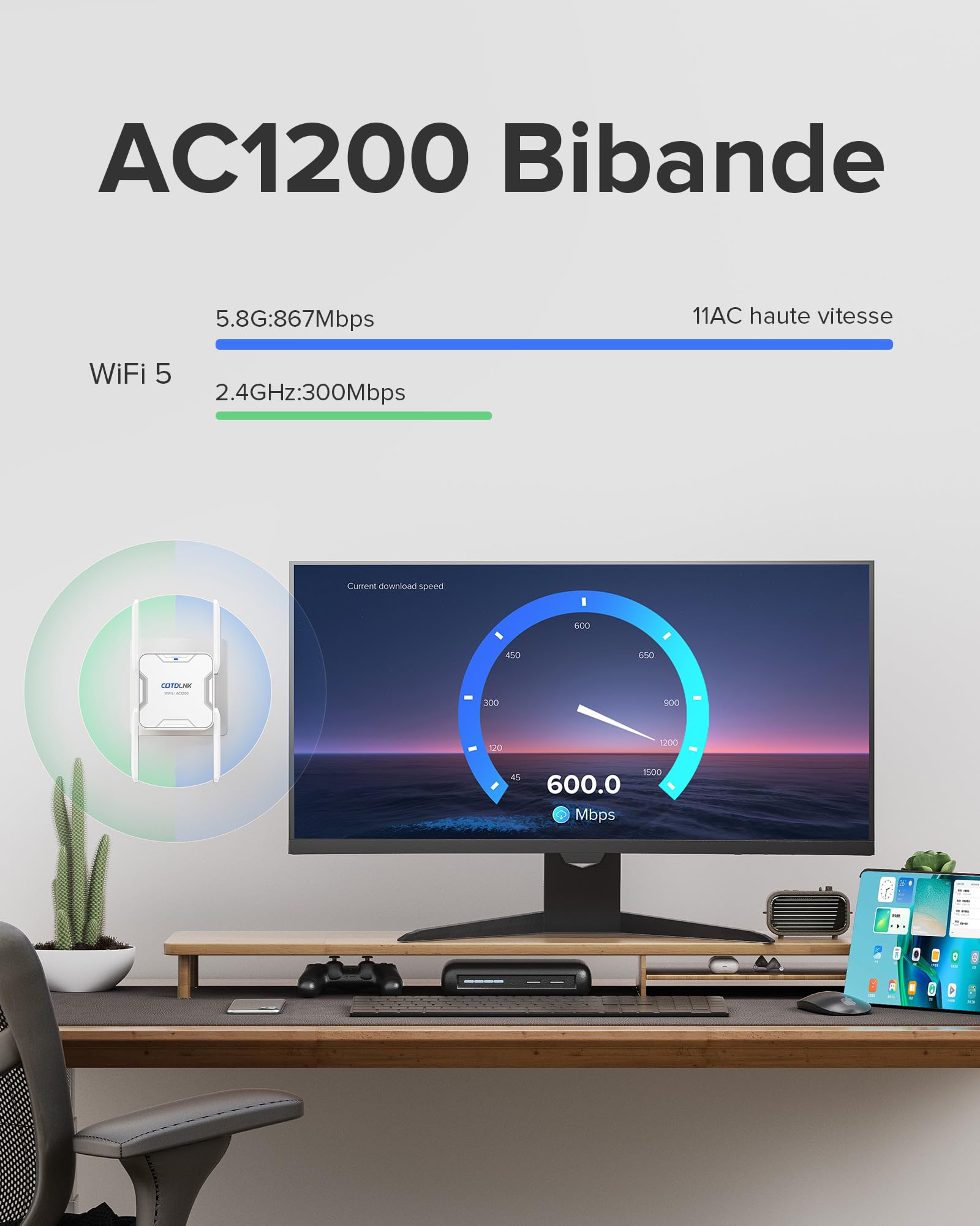 2026 COTDLNK Répéteur WiFi Puissant 1200Mbps Amplificateur WiFi avec PA intégré 5 GHz et 2,4 GHz Double Bande, Jusqu’à 280㎡ de Couverture WiFi, Configuration Facile