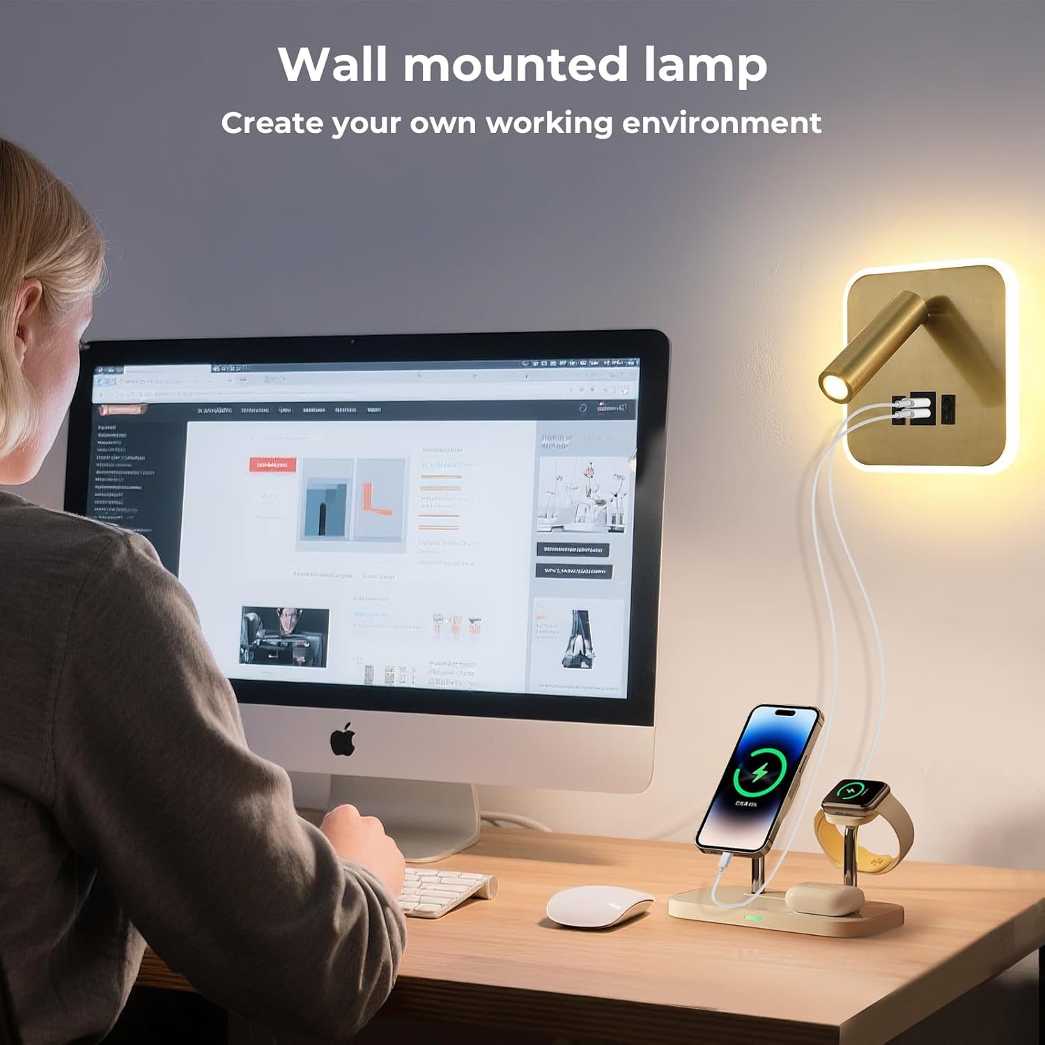 LED Wall Lamp With Wall Mounted Reading Lights,Modern Wall Sconce Plug in for Bedroom or Living Room With Charging Station USB C+A Ports,Headboard Bedside Lamps With 3W+9W Night Light 3000K