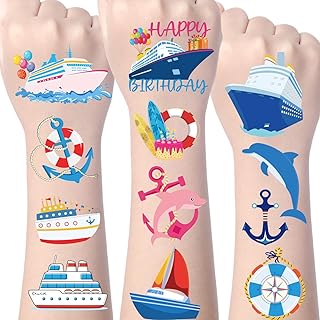 Gameza Cruise Temporary Tattoos Sticker - 220+ Nautical Temporary Tattoos Cruise Birthday Party Favors Decorations Supplies Sailor Boat Happy Birthday Temporary Tattoos for Boys Girls Classroom Prizes