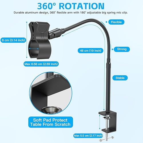 Miniatura 5 de ZealSound Soporte de micrófono de 19 pulgadas, soporte flexible de micrófono de escritorio de cuello de cisne, soporte de clip de micrófono mejorado