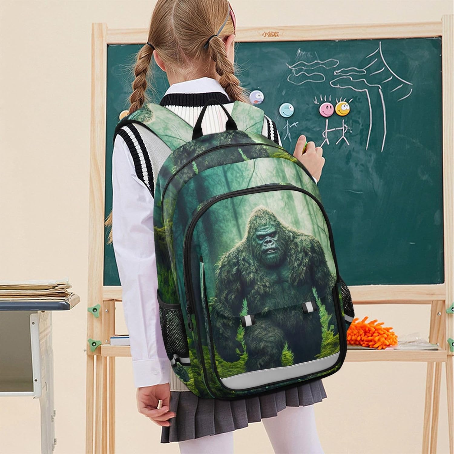 Sasquatch in Forest Kids School Backpack for Girls Boys, Travel Backpacks with Reflective Strips Multiple Pockets for School Hiking Summer Camp 17.7 inches