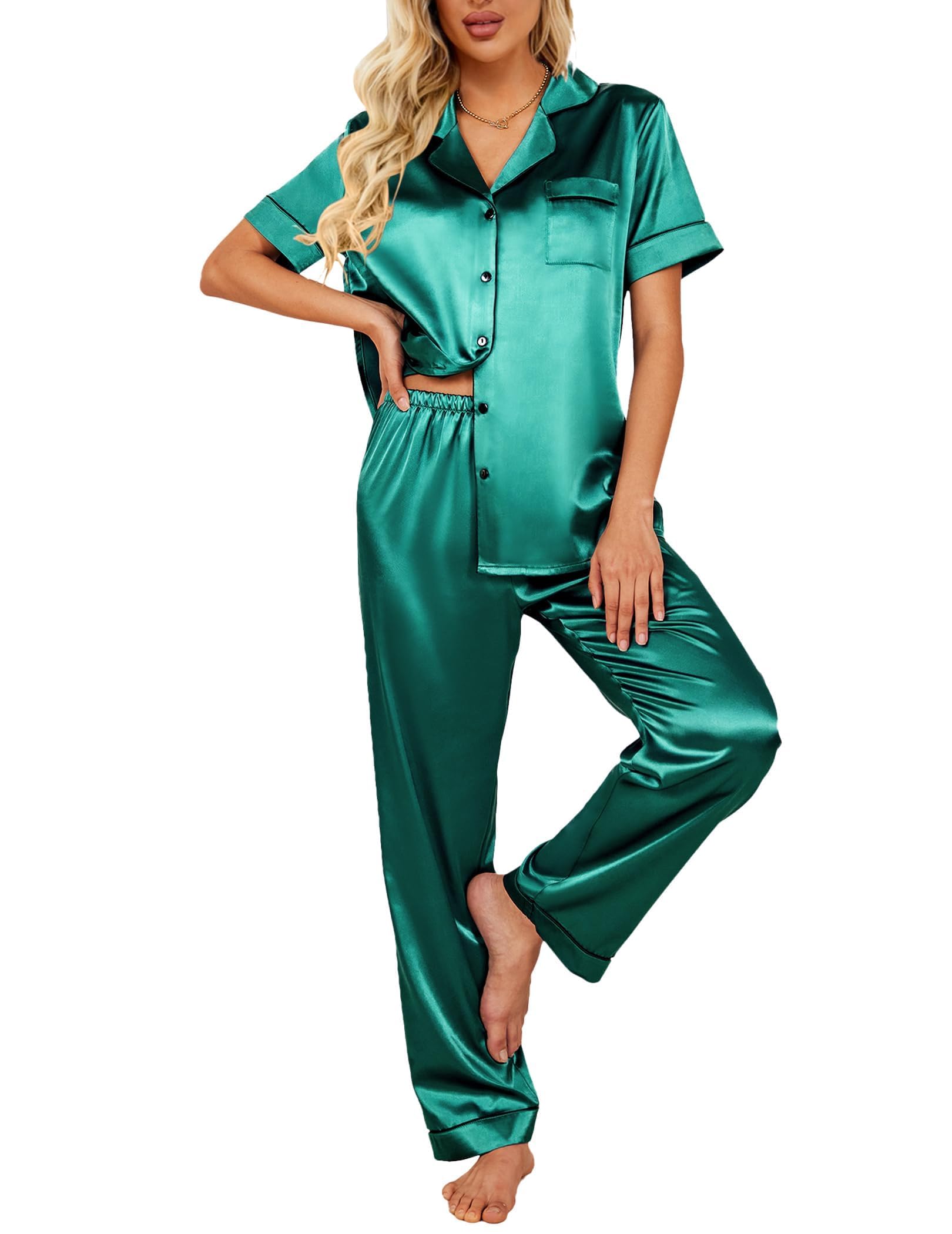 Ekouaer Satin Damen Schlafanzug mit Knopfleiste Pyjama Damen Kurzarm V-Ausschnitt Zweiteiliger Hose Nachtwäsche Hausanzug PJs