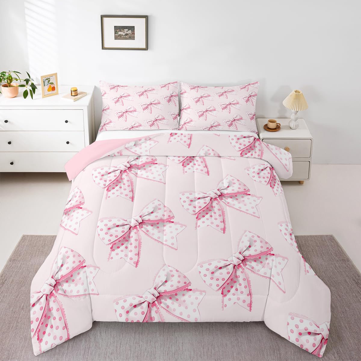Erosebridal Girls Pink Bow Bedding Set Cute Dot Bowknot Comforter Set Twin Size for Kids Teen Women,Dreamy Princess Style Bedding Comforter Set Kawaii Cartoon Butterfly Knot Quilt 1 Pillow Case