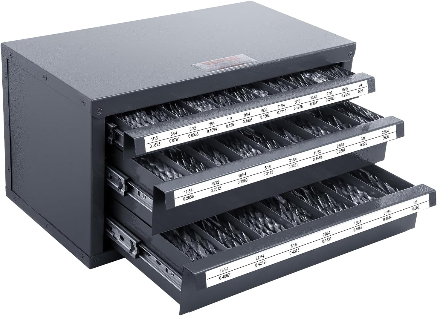 VEVOR Drill Bit Dispenser Cabinet, Three-Drawer Drill Bit Dispenser, Drill Bit Organizer Cabinet, Drill Dispenser Organizer Cabinet for Jobber Length Fractional Size 1/16″ to 1/2″ in 1/64″ Increments