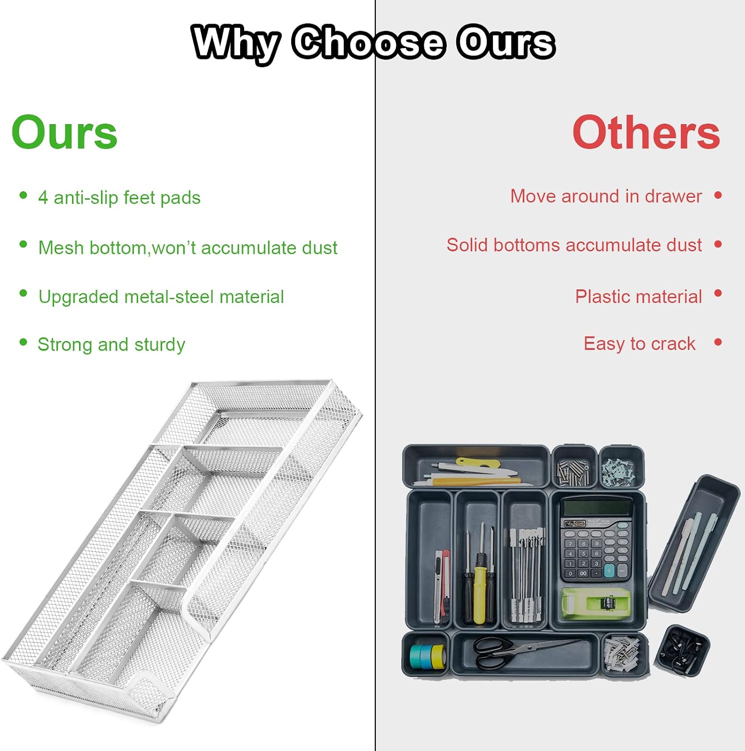 Desk Drawer Organizer Tray 2 Pack, 6 Grid Metal Mesh Drawer Organizer, Multi-use Desk Organizer Tray Storage for Office Home School Supply, 12.6 * 8.6 * 1.8in & 11 * 6 * 1.45in