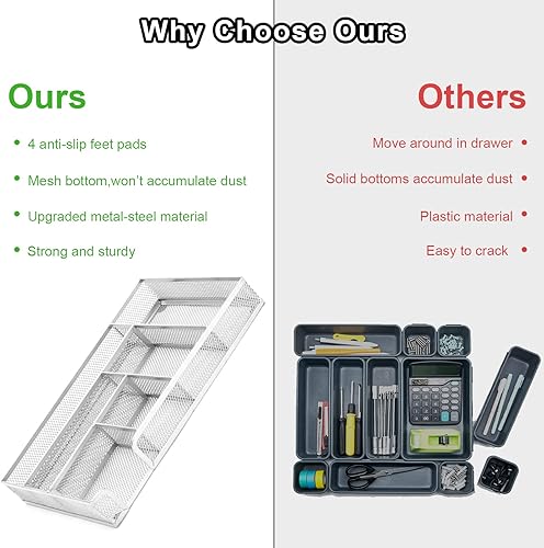 Miniatura 5 de ROSROSE Bandeja organizadora de cajones de escritorio, cajón de malla metálica, organizador de cajones de oficina con 6 compartimentos, bandeja