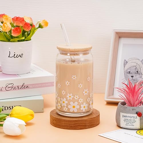 Miniatura 6 de Whaline Paquete de 2 vasos de cristal de margaritas con tapas y pajitas de 16 onzas, inspirador, estético, bohemio, margaritas, vaso para beber café