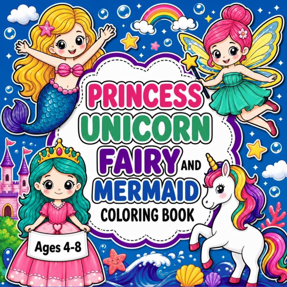 Princess Unicorn Fairy and Mermaid Coloring Book Ages 4–8: Cute and Easy Coloring Pages with Bold, Simple Designs and Magical Adventures for Kids