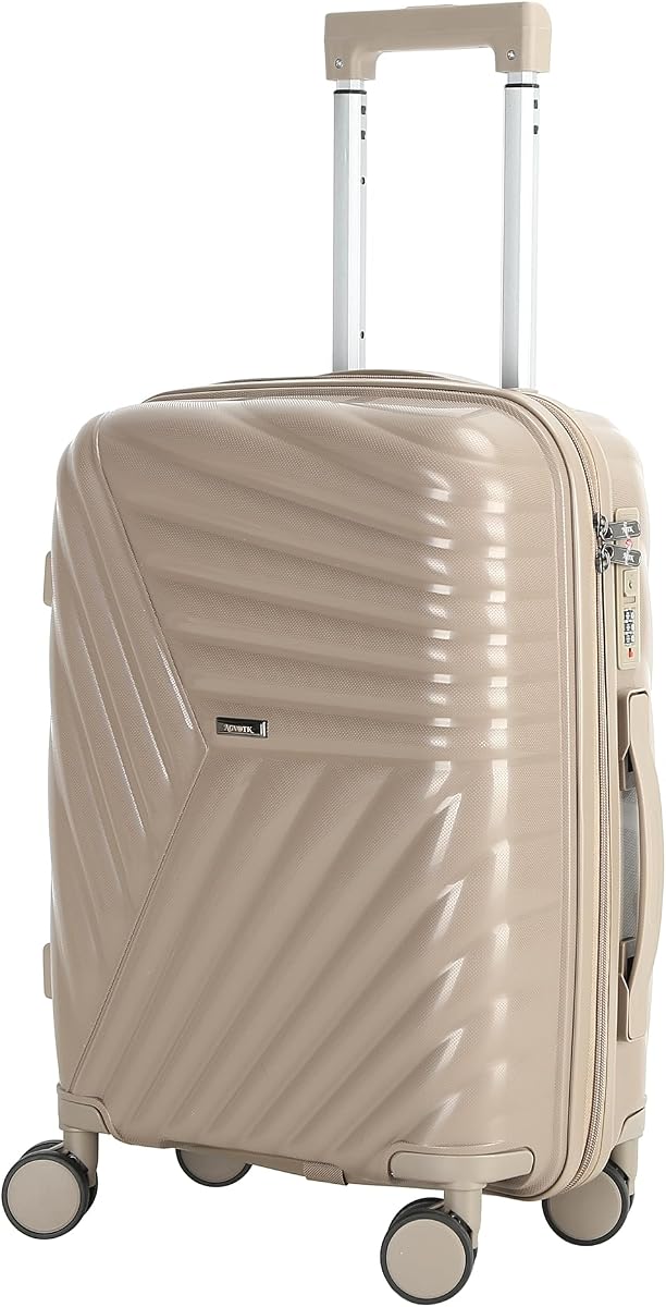 Equipaje de mano de 20 pulgadas con cerradura TSA, maleta rígida aprobada por aerolíneas de 22 x 14 x 9, equipaje de viaje ligero de PP con ruedas giratorias silenciosas de 360°, cremallera antiexplosión para negocios (Champagne Chevron)