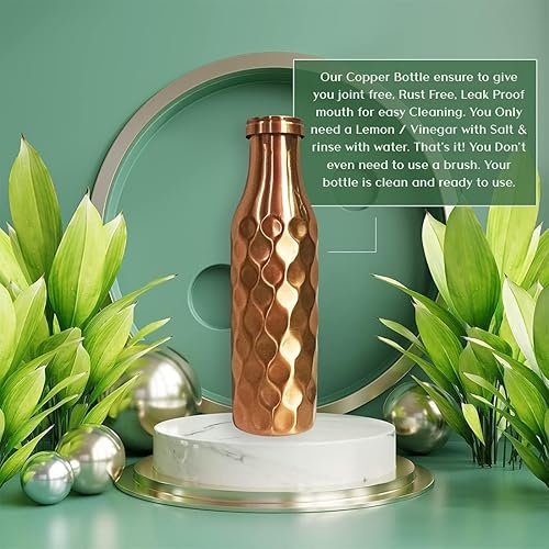 Miniatura 7 de Tambra Botella de agua vintage sin juntas de cobre puro para beber, botella de agua de cobre ayurvédica hecha a mano, tapa a prueba de fugas