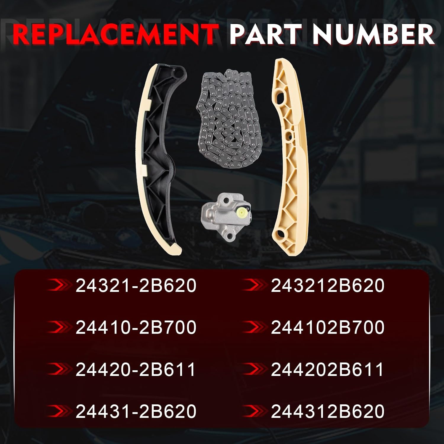 Engine Timing Chain Kit 24410-2B700 Replacement for Hyundai Accent Elantra Kona Sonata Tucson Veloster for Kia Forte Seltos Soul Rio Optima Replace 24420-2B611 24321-2B620