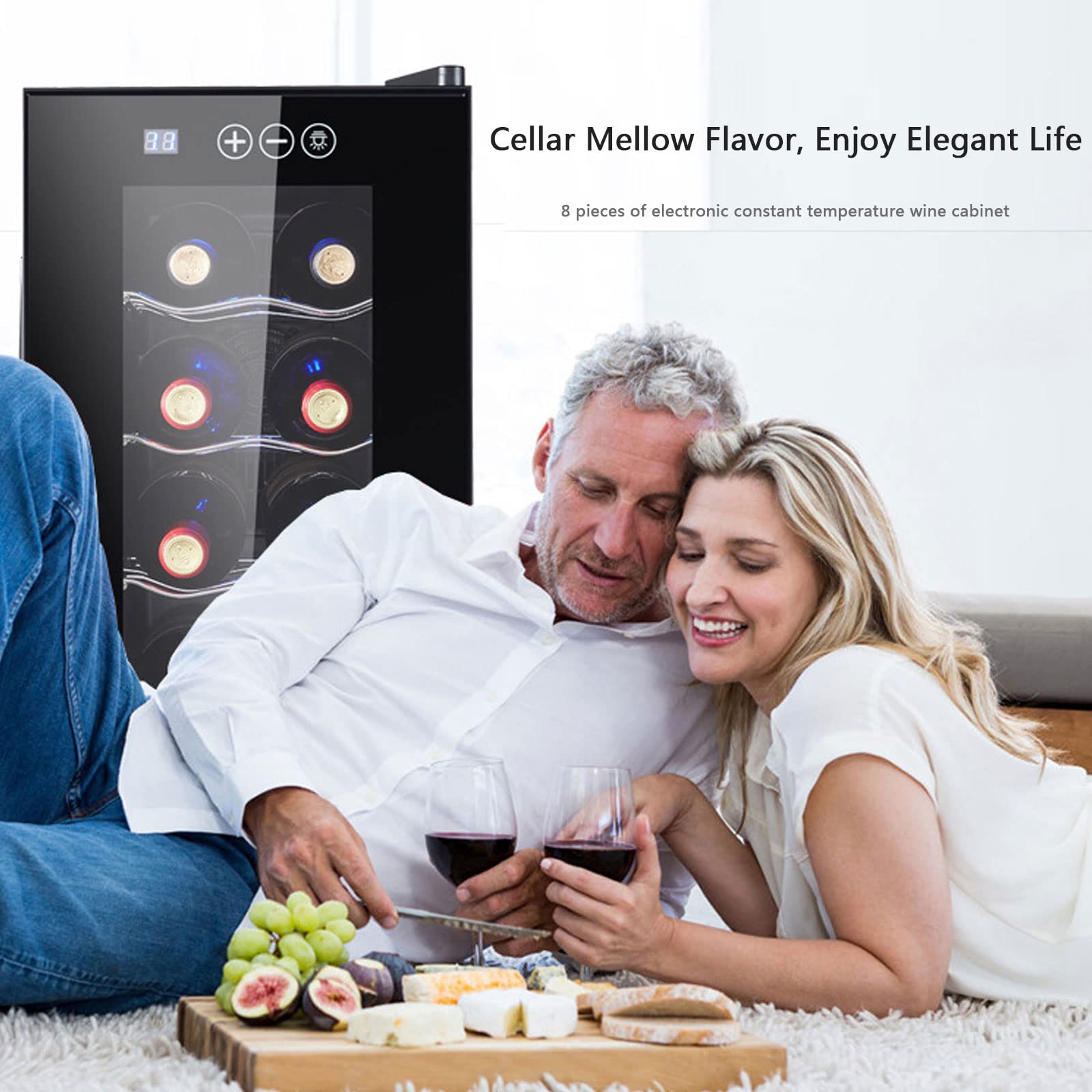 Enfriador Cava de Vinos para 8 Botellas con Panel de Control Digital, Evita Vibraciones, Iluminación LED, 8-18℃ Nevera Vinos con Estantes Extraíbles, 23L, Vinotecas Pequeñas, Negro