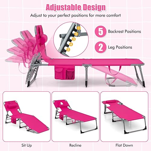 Miniatura 5 de COSTWAY Silla de playa plegable, silla de bronceado con orificio para la cara, respaldo ajustable de 5 posiciones, almohada y bolsillo lateral,
