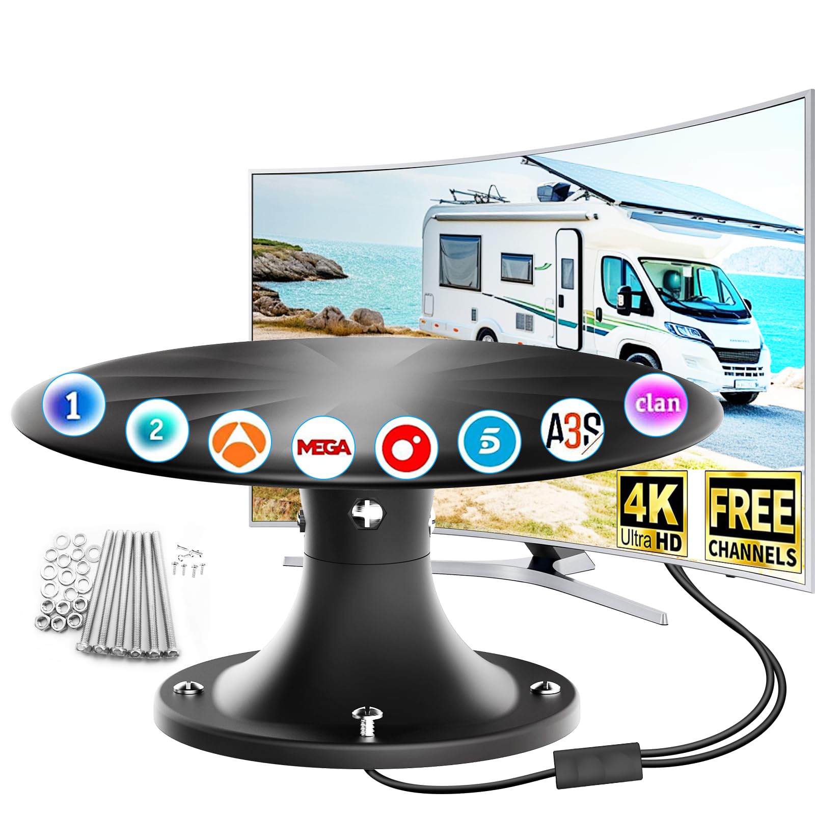 Antena TV para Autocaravana y Camper HD 4K/1080P, Antena TDT Digital con Recepción 360°, Compatible con Smart TV, HDTV y DVB-T2/DVB-T, Cable Coaxial 10 m, Ideal para Caravanas y Camiones
