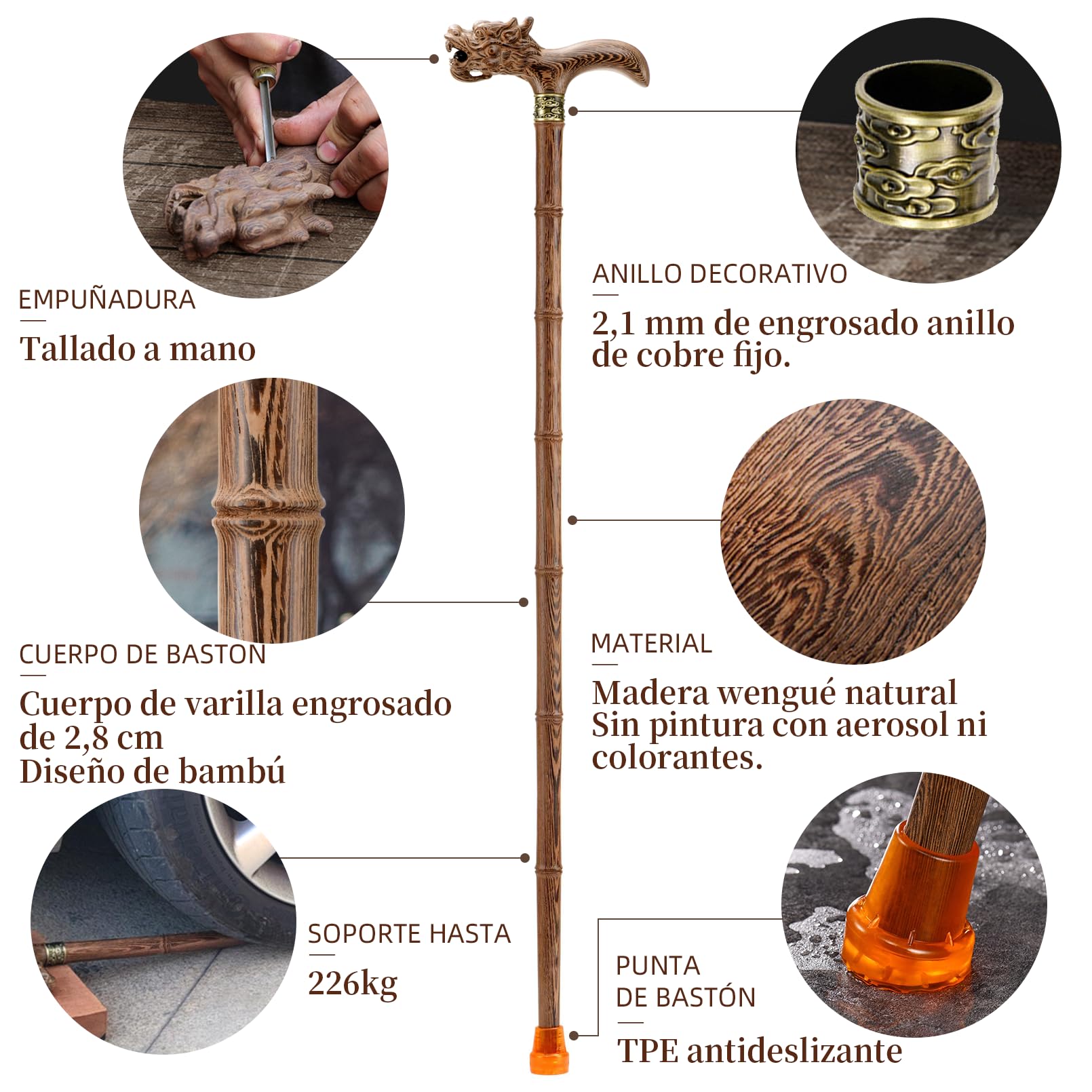 Bastón de madera natural, ergonómico para hombre y mujer, andador tallado a mano para personas mayores, de alta capacidad de carga, ligero y estable, incluye bolsa